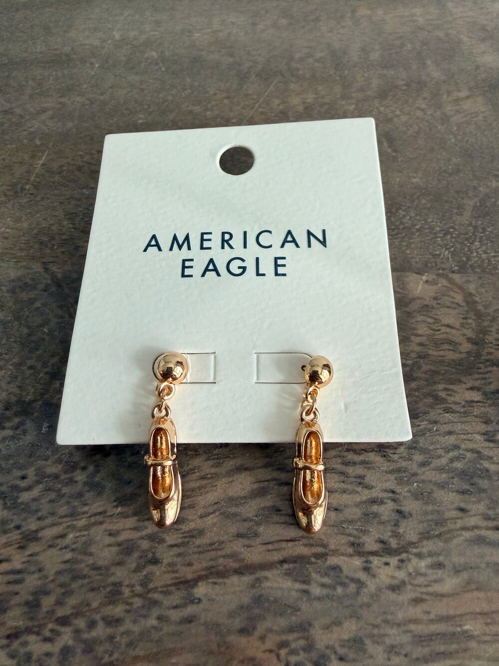 American Eagle Gold Tone Ballet Slipper Dangle Earrings New with Tags